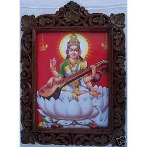   Lord Saraswati with his Saraswati Veena, Wood Frame 