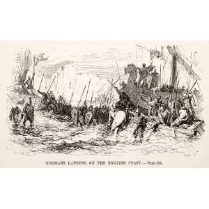1875 Woodcut Noman Coast England Alphonse Neuville Invasion Ship Army 