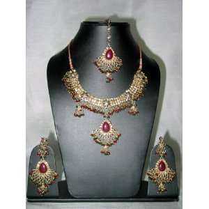  Bollywood Designer Jewelry Set Handmade Red Green Kundan 
