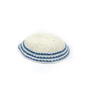  18cm White Knitted Kippah with Thick Yarn and Blue Stripes 