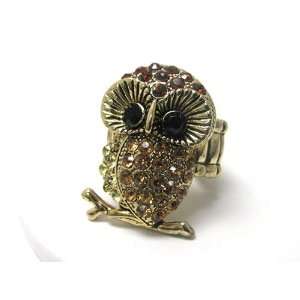  Goldtone Topaz Colored Crystal Owl Stretch Fashion Ring 