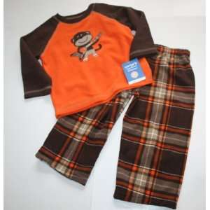   Sleepwear 2 Piece Pajama Set   Size 2T Brown/Orange/Plaid/Monkey