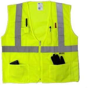  Safety Vest, ANSI Class 2, Color Green, Mesh, 4 Pockets 