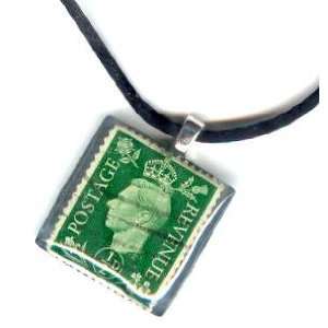 Postage Stamp Pendant Necklace   Green Vintage   Pounds 