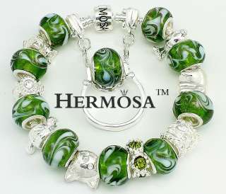 Hermosa Set Green Clouds Murano Silver Bracelet+Ring 8  