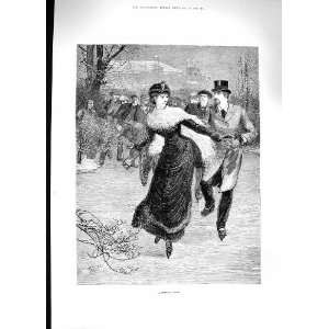  1881 SPECIAL TRAIN ICE SKATING LADY MEN ROMANCE PRINT 