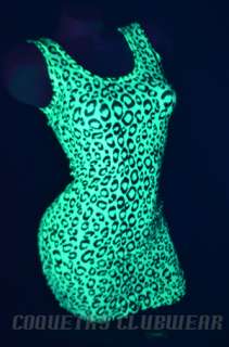 NEON UV Glow Green Leopard Print Tank Style Sexy Clubwear Lycra Mini 