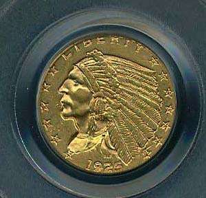 1925 D  $2 1/2  INDIAN QUARTER EAGLE GOLD COIN, PCGS CERTIFIED 