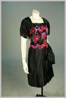 VTG 40s Black Silk Satin Cocktail Dress w Waterfall Hip & Pink Velvet 