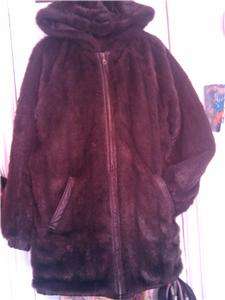 Women Hooded Brown REVERSIBLE Leather coat with faux fur sz L  