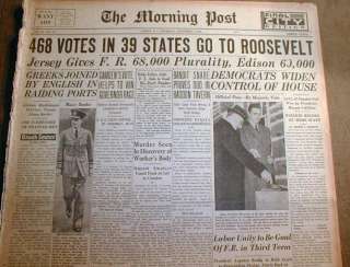 1940 newspaper Hdlne FRANKLIN D ROOSEVELT ELECTED PRESIDENT of US for 