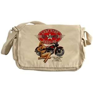 Khaki Messenger Bag Last Stop Full Service Gasoline Motorcycle Girl