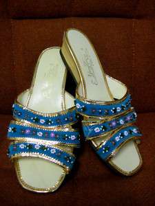 VINTAGE 60s hand carved BEADED wood YUNG TA slides SHOE  