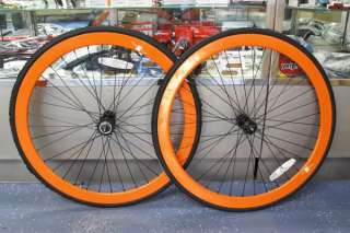   wheelset tires tubes reflectors 16t fixie cog installed orange