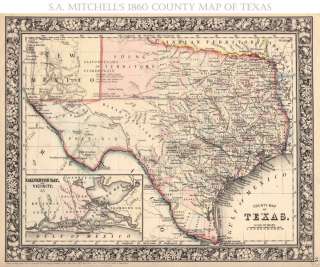 1860 Texas Civil War S.A. Mitchell Map Print 18x24  