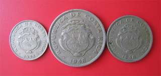 COSTA RICA 1948 25 CENTIMOS + 50 CENTIMOS + 2 COLONES  