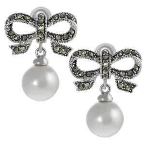  Silvertone Created Marcasite and Faux Pearl Bow Earrings Jewelry