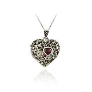   Silver Marcasite and Garnet Filigree Heart Locket Pendant Jewelry