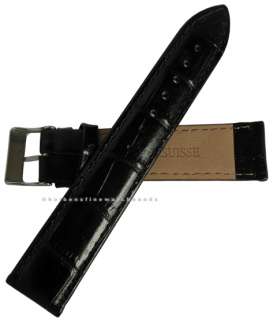 20mm Crocodile Grain Black Swiss Leather Mens Watch Band Strap  