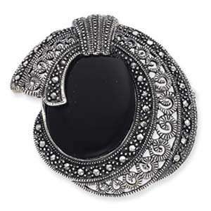  Sterling Silver Marcasite and Onyx Pin Jewelry