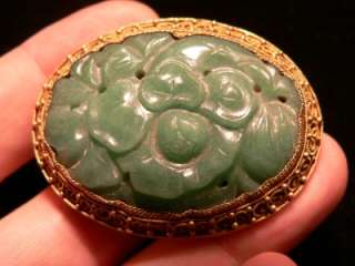 CHINESE SILVER HAND CARVED GREEN JADE BROOCH GOLD GILDING ANTIQUE 