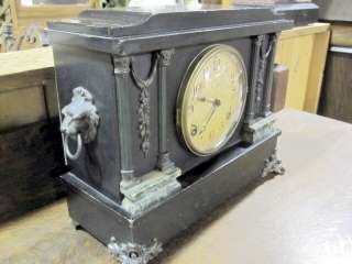Antique 1915 Ingraham Black Mantle Clock w Gold Gilt Trim Works Very 