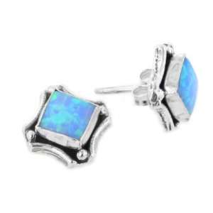   Silver 6mm Square Created Blue Opal Stud Post Earrings Jewelry
