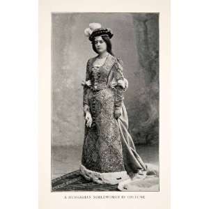  1903 Print Hungarian Noblewoman Costume Dress Hat Plume Corset 