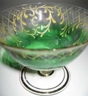 Green Glass Stemmed Sorbet Cups + Saucers w/ Gold  
