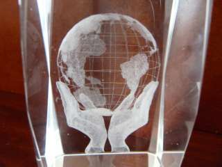 EARTH IN HANDS 3D LASER ENGRAVED CRYSTAL PAPERWEIGHT  