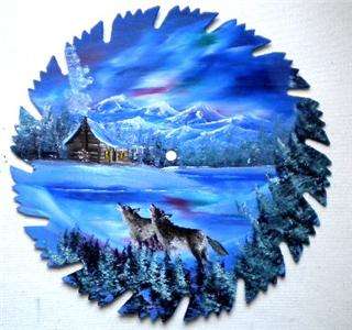 Hand Painted Saw Blade Nothern Lights Cabin and Wolves  