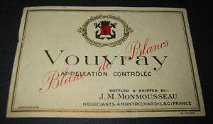 Old French WINE LABEL   VOUVRAY   JM Monmousseau  