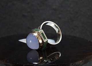 Blue Chalcedony. Chrysoprase Inlay Ring. 14K & Sterling. Size 8  