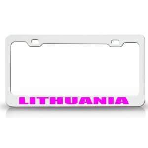 LITHUANIA Country Steel Auto License Plate Frame Tag Holder White/Pink