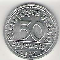 Weimar Germany 1922 D 50 Pfennig KM 27 BU  