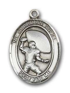 Silver Guardian Angel Football Medal Pendant Necklace L  
