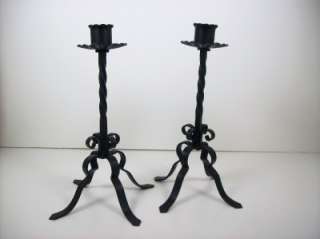   Wrought Iron Candle Holders Sticks Twisted Stem Petal Tops Pair  