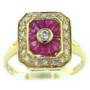 Luxury Elegant Womens 9K Yellow Gold Baguette cut Ruby & Diamond Ring 