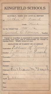 Kingfield Maine ME 1916 Report Card Arthur L French  