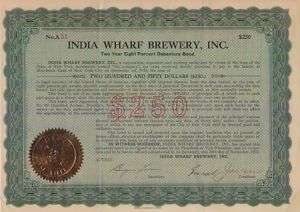 India Wharf Brewery NY 1933 (Bond) Certificate  