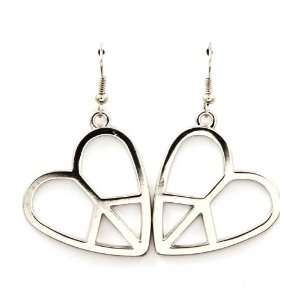    Gorgeous Silvertone Dangle Heart Shape Peace Sign Earrings Jewelry