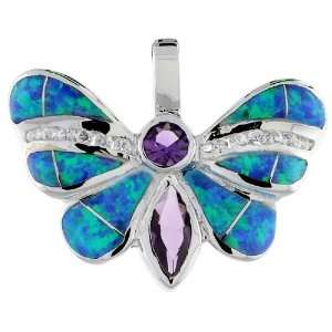 Sterling Silver Butterfly Pendant, Inlaid w/ Lab Opal with Amethyst CZ 
