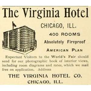  1893 Ad Virginia Hotel Co Chicago IL Building Structure 