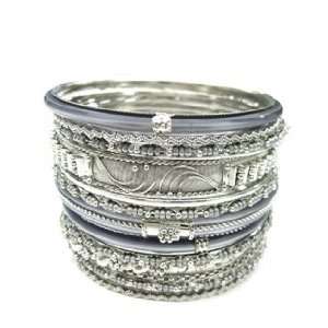    Silver and Gray Beaded Set of 15PCS Indian Bangles 