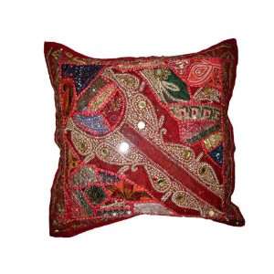 Vintage Sari Patchwork Beaded Cushion Cover Burgundy Moti 