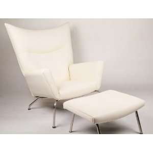  Style Wing Chair & Ottoman,White Aniline Leather