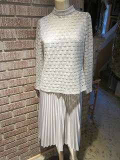 Womens Vintage 60s 70s Lacey Metallic Knit Silver Jersey Knit Skirt 
