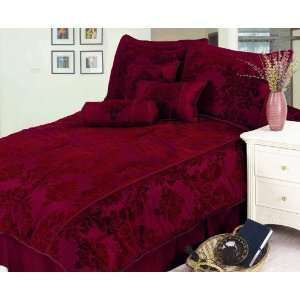  7Pcs Queen Fresco Flocking Burgundy Bed in a Bag