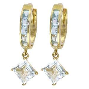   14k Gold Hoop Earrings with Genuine Drop Square Aquamarines Jewelry