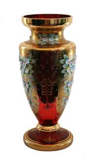 Czech Bohemian Vintage Antique Hand Blown Painted Cranberry Glass Vase 